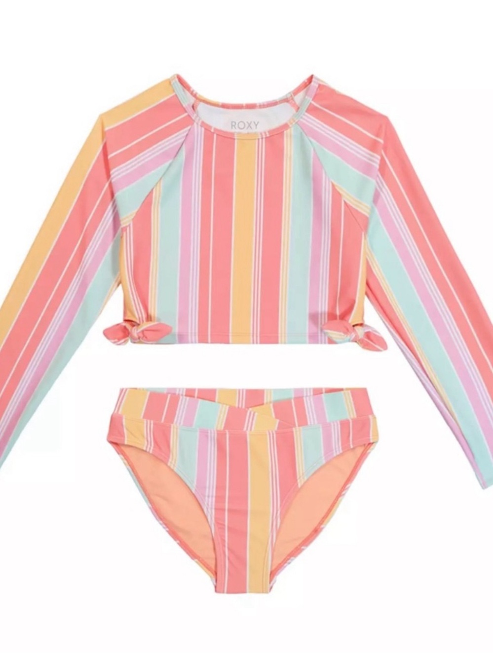 Roxy Coral, Yellow & Mint Striped Long-Sleeve Rashguard Bikini Set size 10 girls